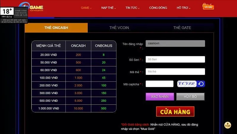 Nạp tiền Ongame thông qua Oncash